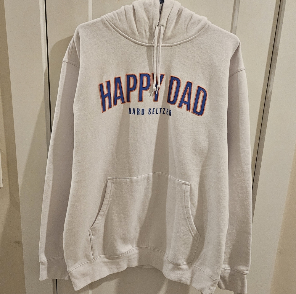 Happy Dad Hard Seltzer Hoodie Sweatshirt - White, Orange & Blue - Size Large